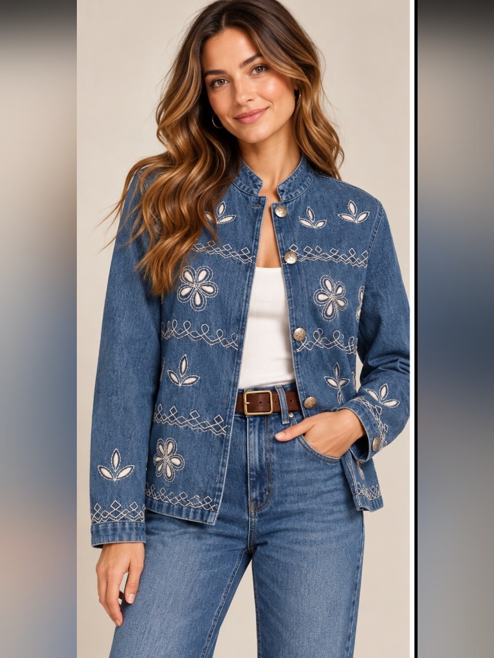 Vintage Julia Kim Embroidered Denim Jacket Floral Cutout Star Button Cotton. PM